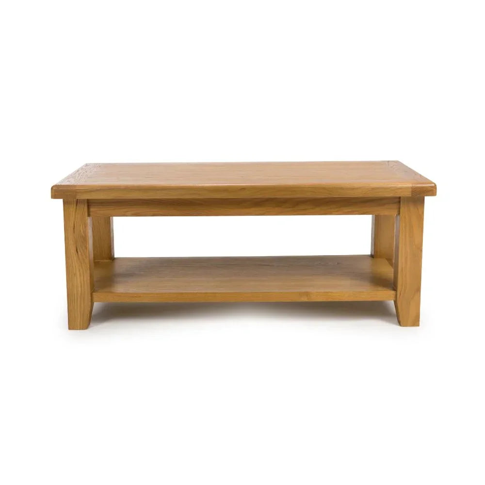 Rectangular oak coffee table with lower shelf and smooth finish, front view