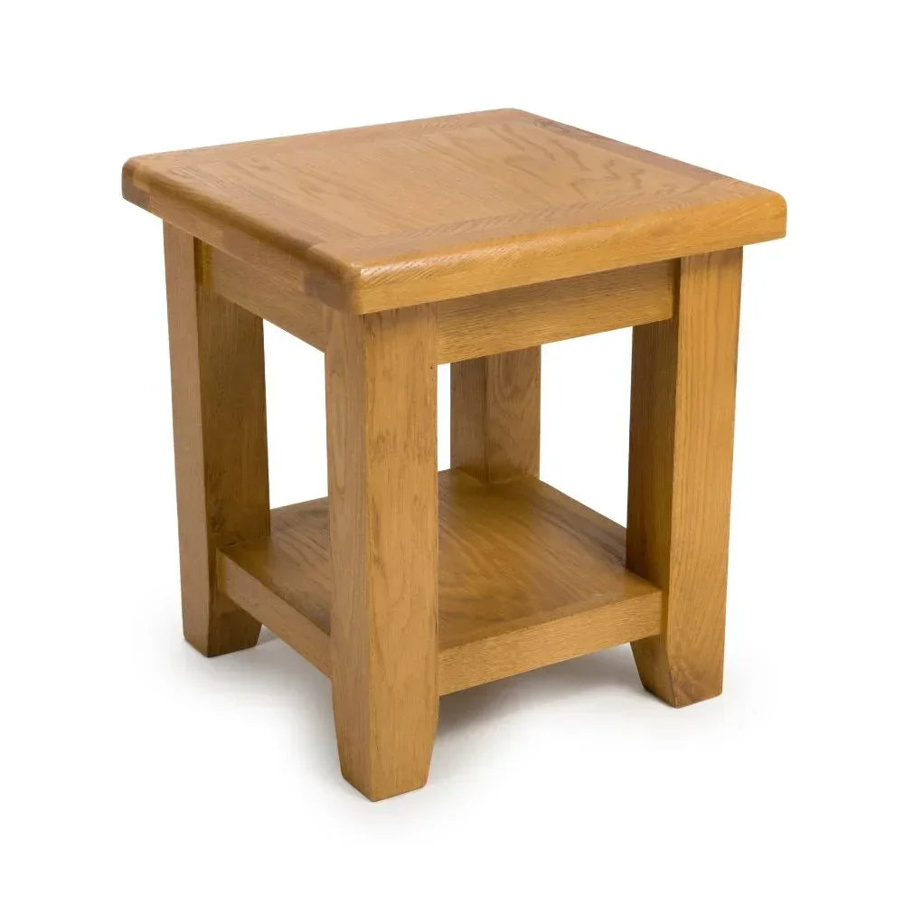 Oak side table with lower shelf and square legs, shown on white background