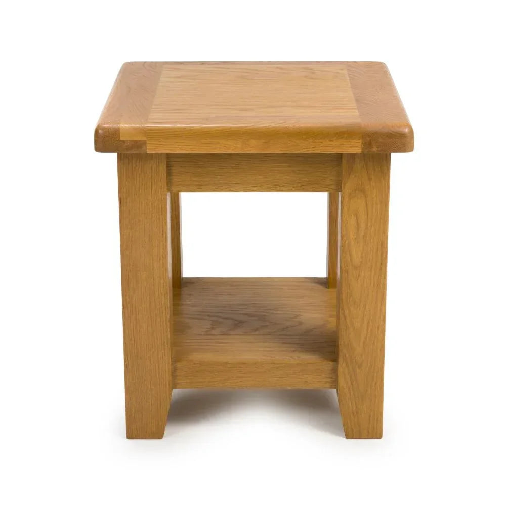 Oak side table with lower storage shelf, square shape, natural wood finish, front view