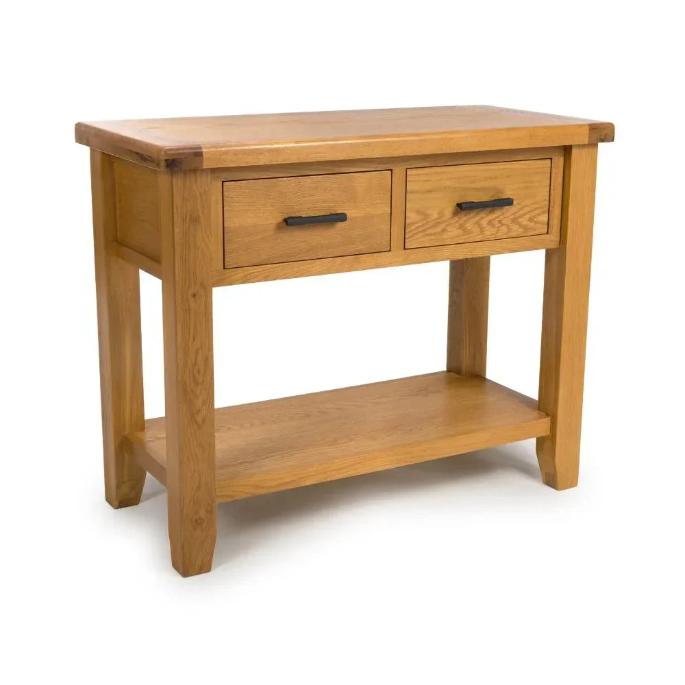 Oak console table with two drawers, metal handles, and lower shelf on white background