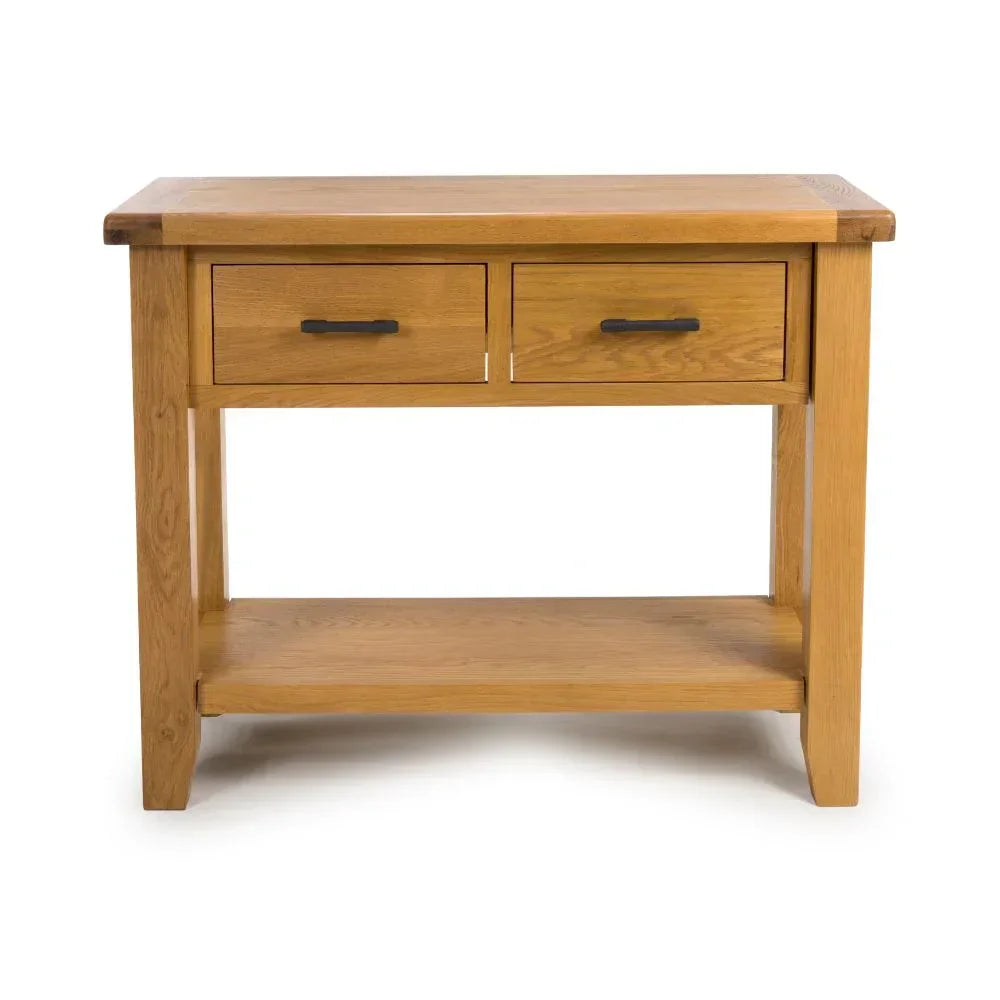 Oak console table with two drawers, metal handles, and lower shelf