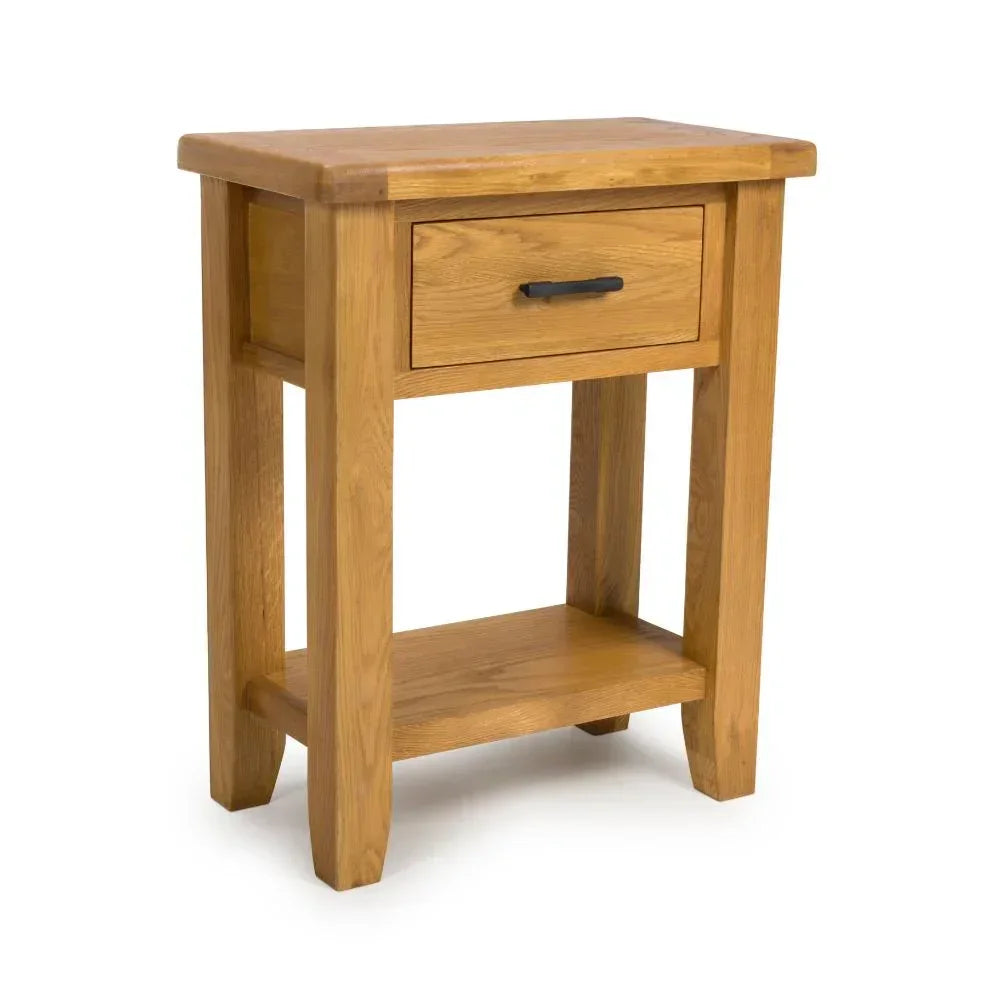 Oak bedside table with drawer and lower shelf, wood grain finish, front angle