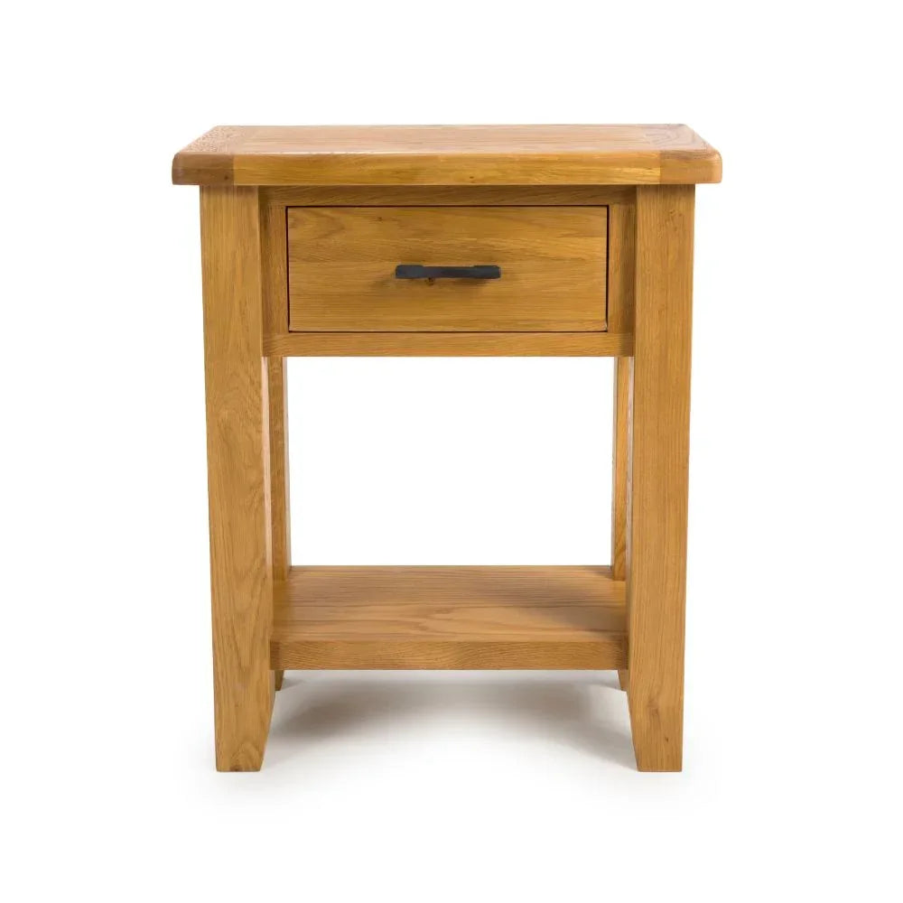 Oak bedside table with single drawer and lower shelf, front view