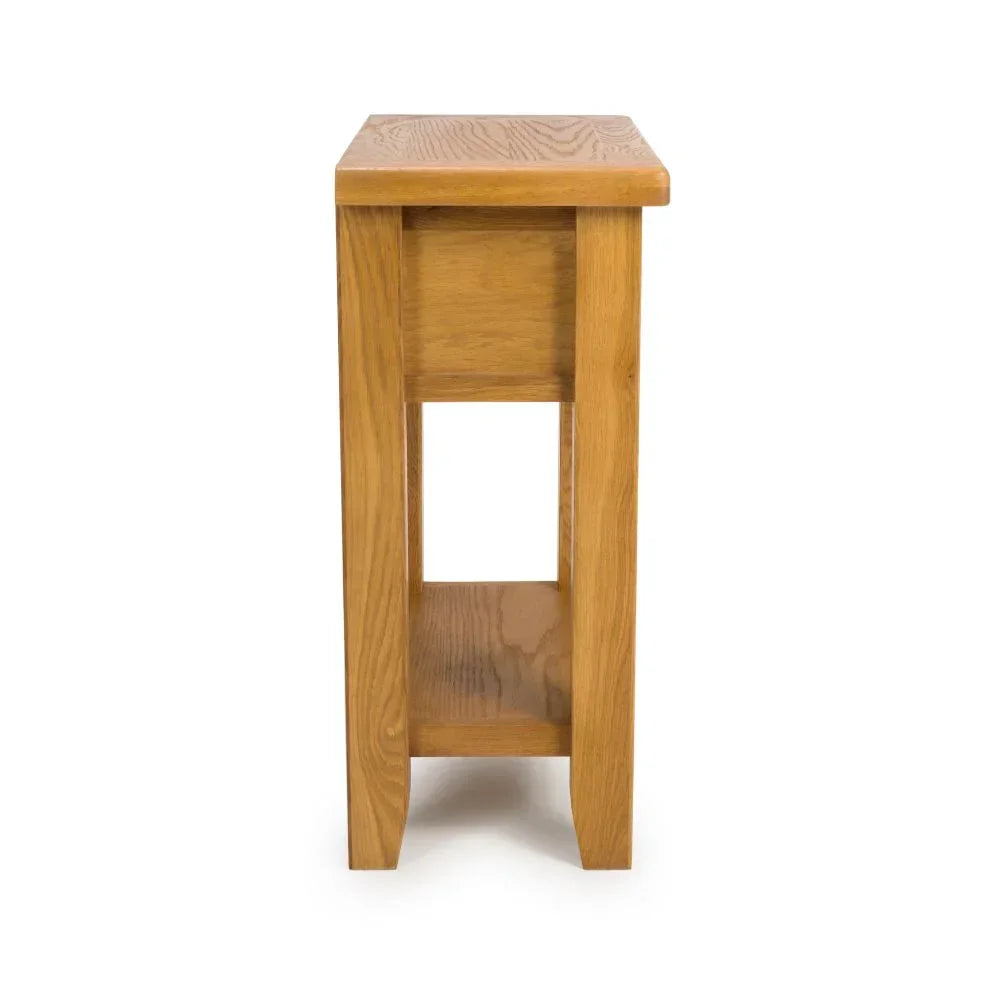 Side view of oak console table with lower shelf and natural wood grain finish