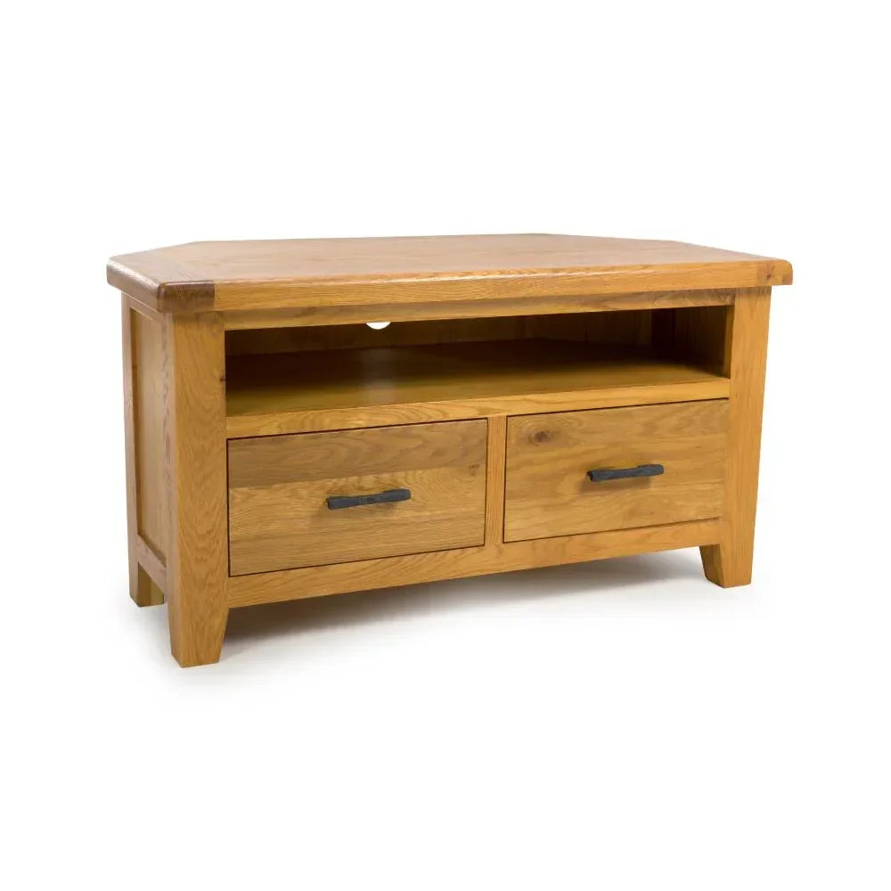 Oak TV stand with two drawers, metal handles and open shelf, photographed from front angle