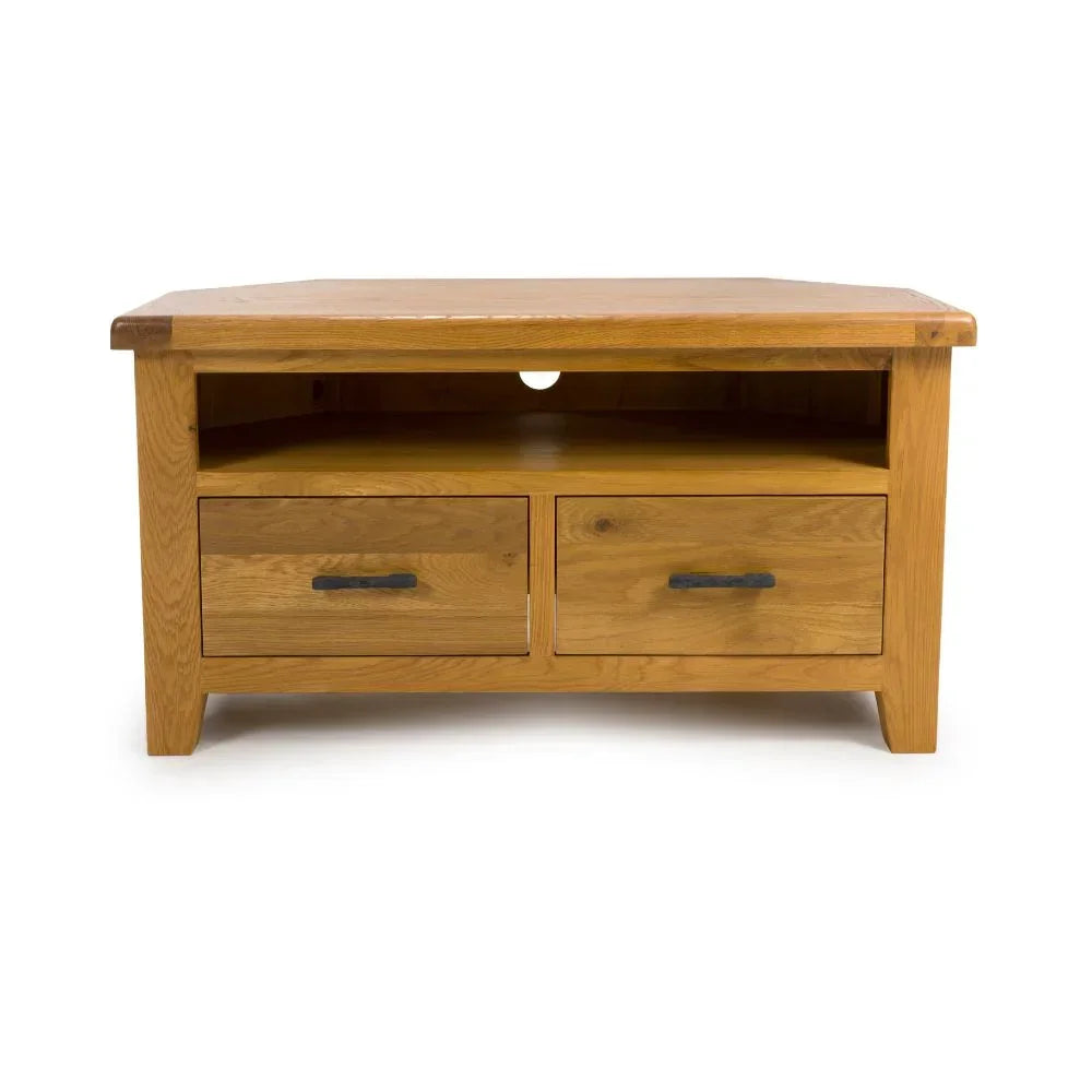 Oak corner TV unit with two drawers and open shelf, metal handles, cable hole at back