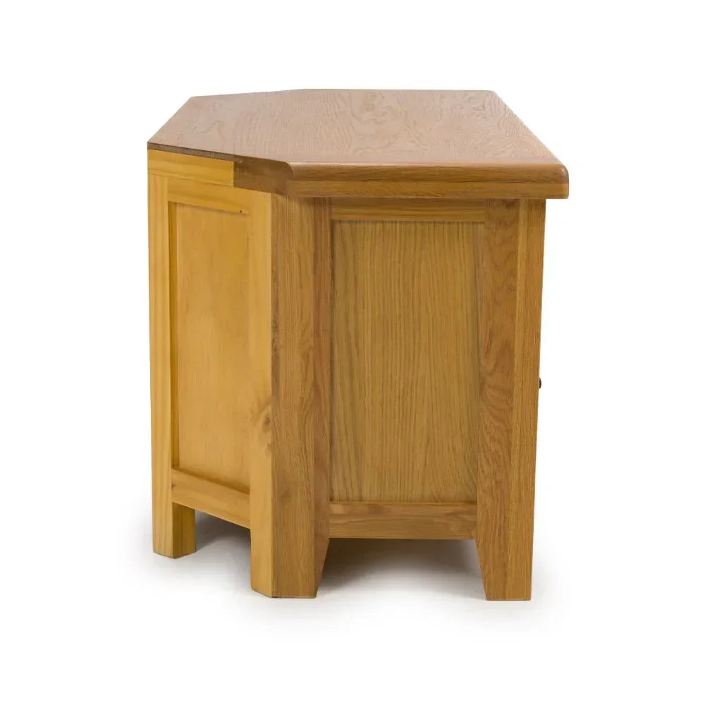 Oak corner TV unit with panelled side and wood grain detail