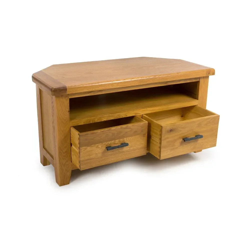 Oak corner TV unit with two open drawers, black handles, and open shelf