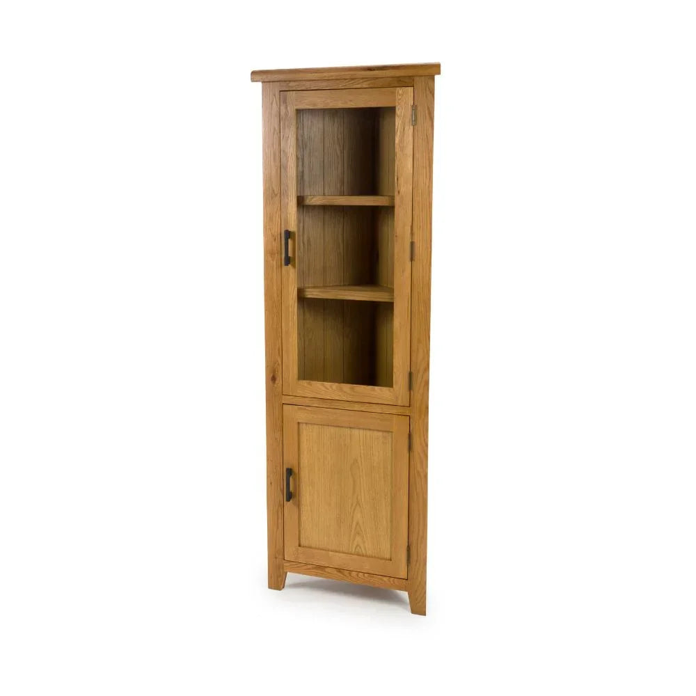 Tall oak display cabinet with glass door, shelves, and lower wooden cupboard