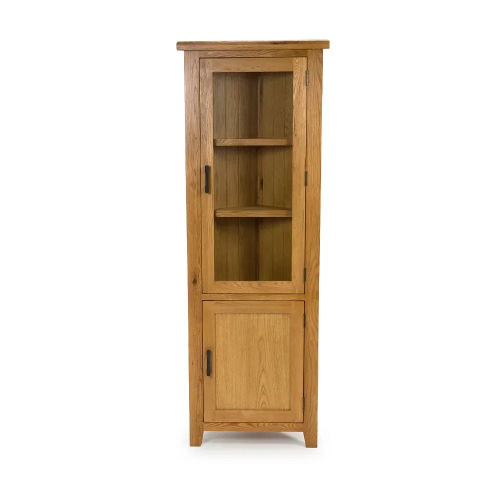 Tall oak display cabinet with glass door, shelves and lower wooden cupboard, front view