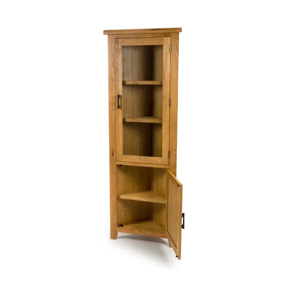 Oak corner display cabinet with glass door and open lower storage section