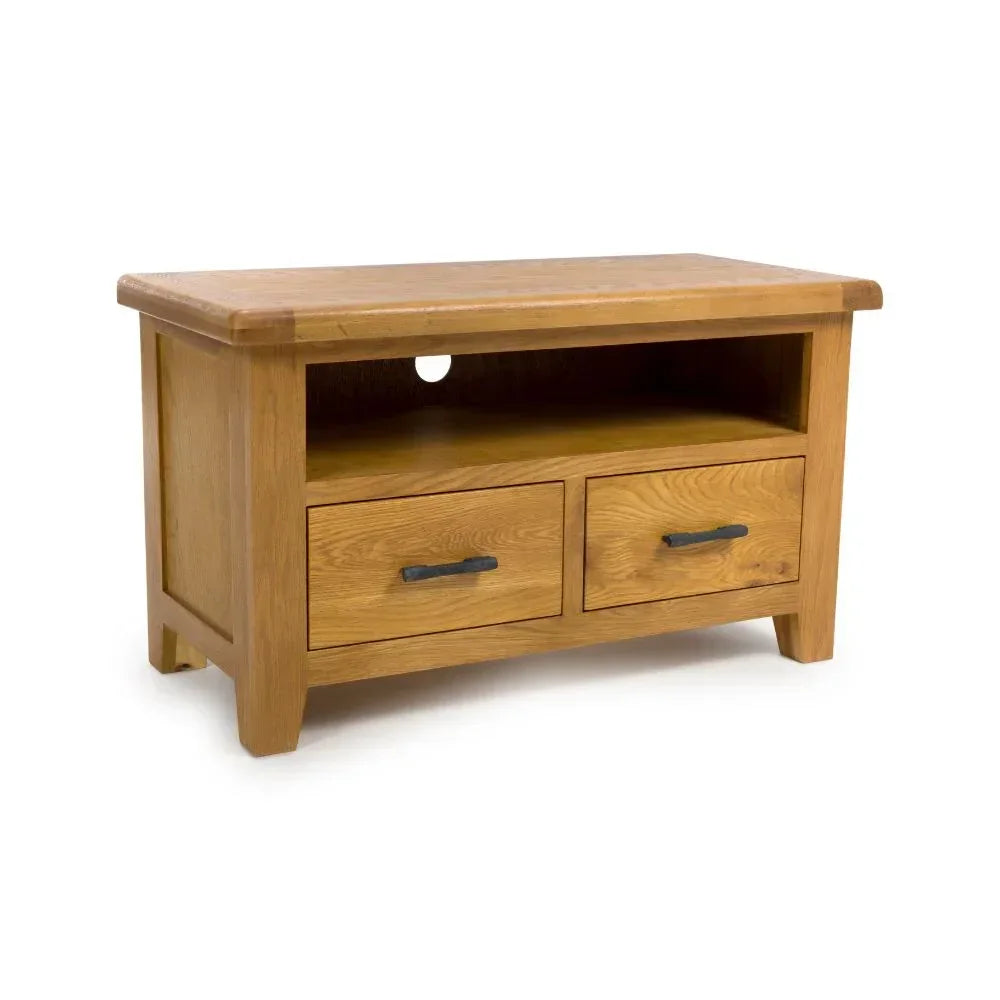 Oak TV unit with two drawers, open shelf, and black metal handles, front view