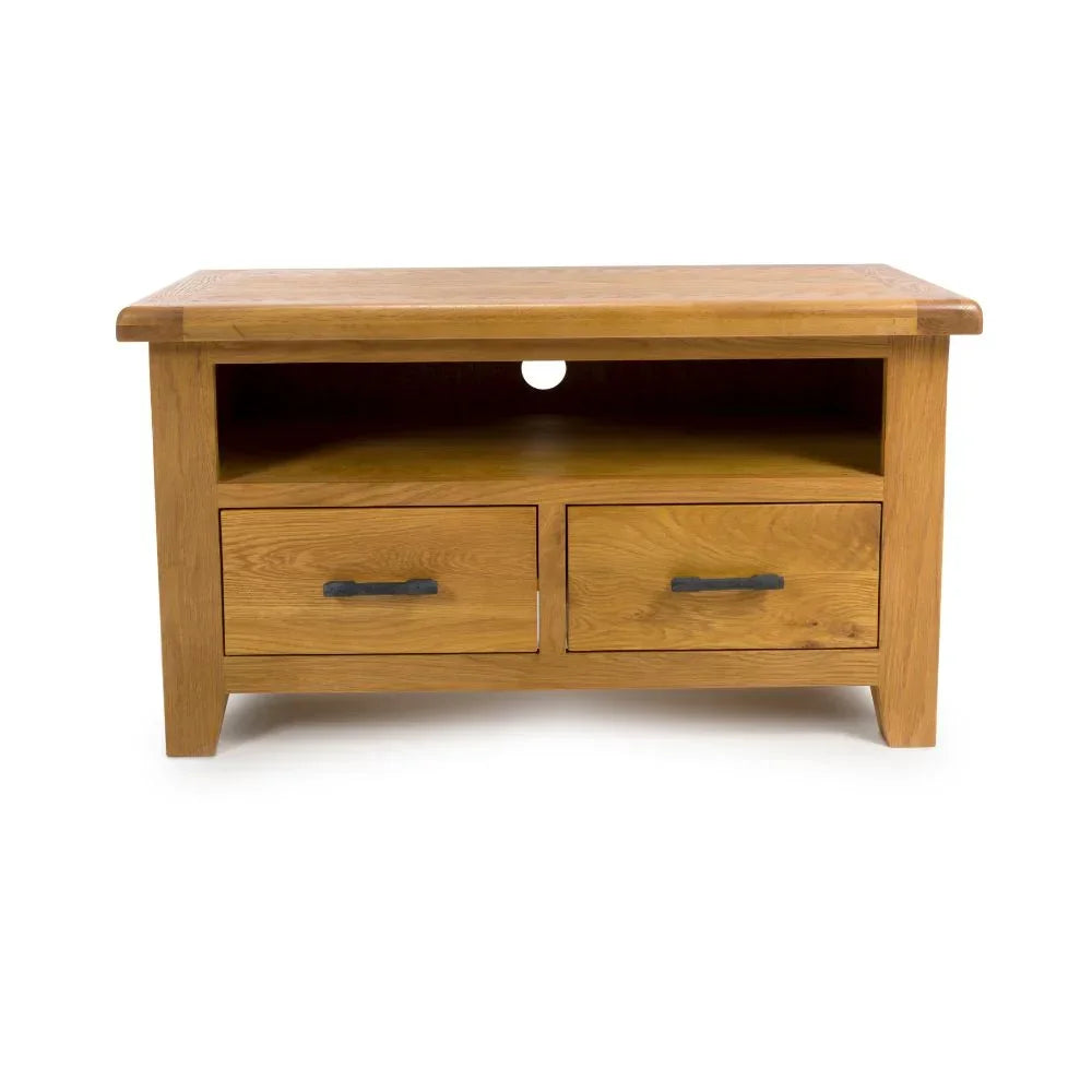 Oak TV unit with two drawers, open shelf, and black metal handles on white background