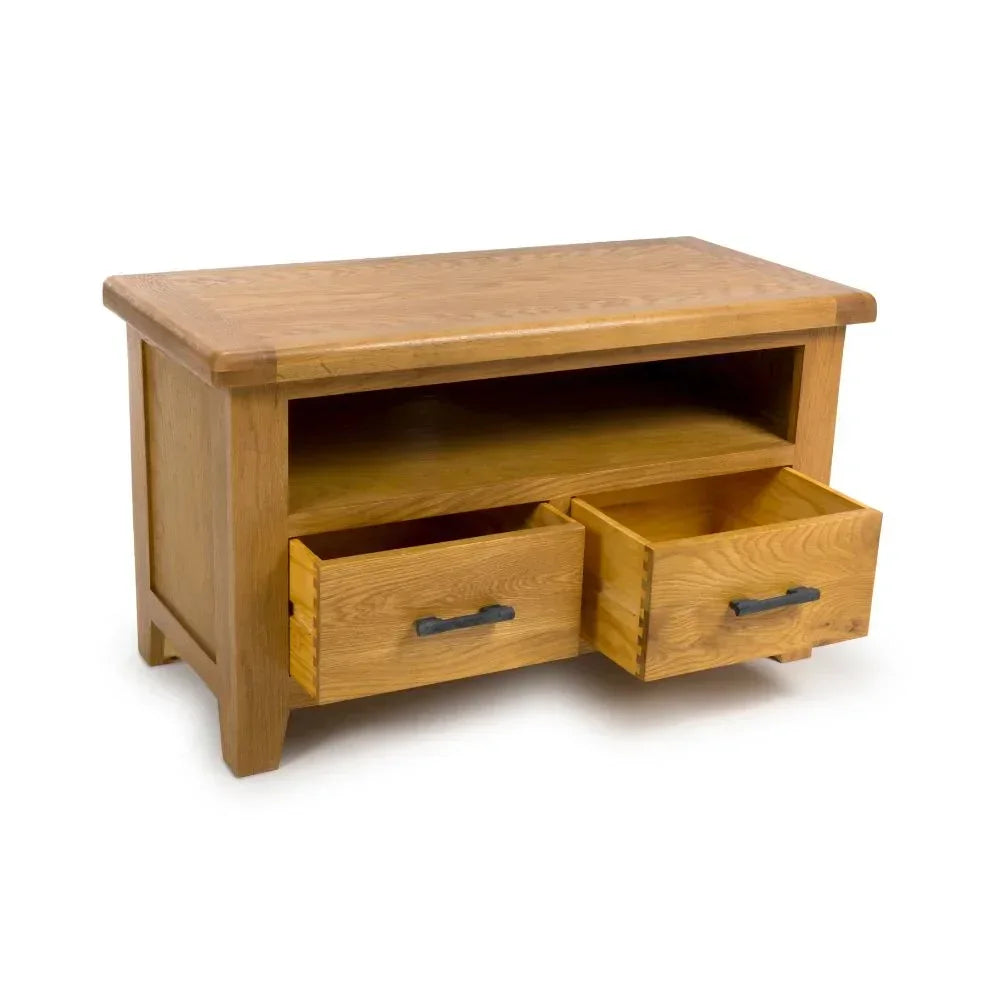 Oak TV unit with open shelf and two drawers, metal handles, and natural wood finish