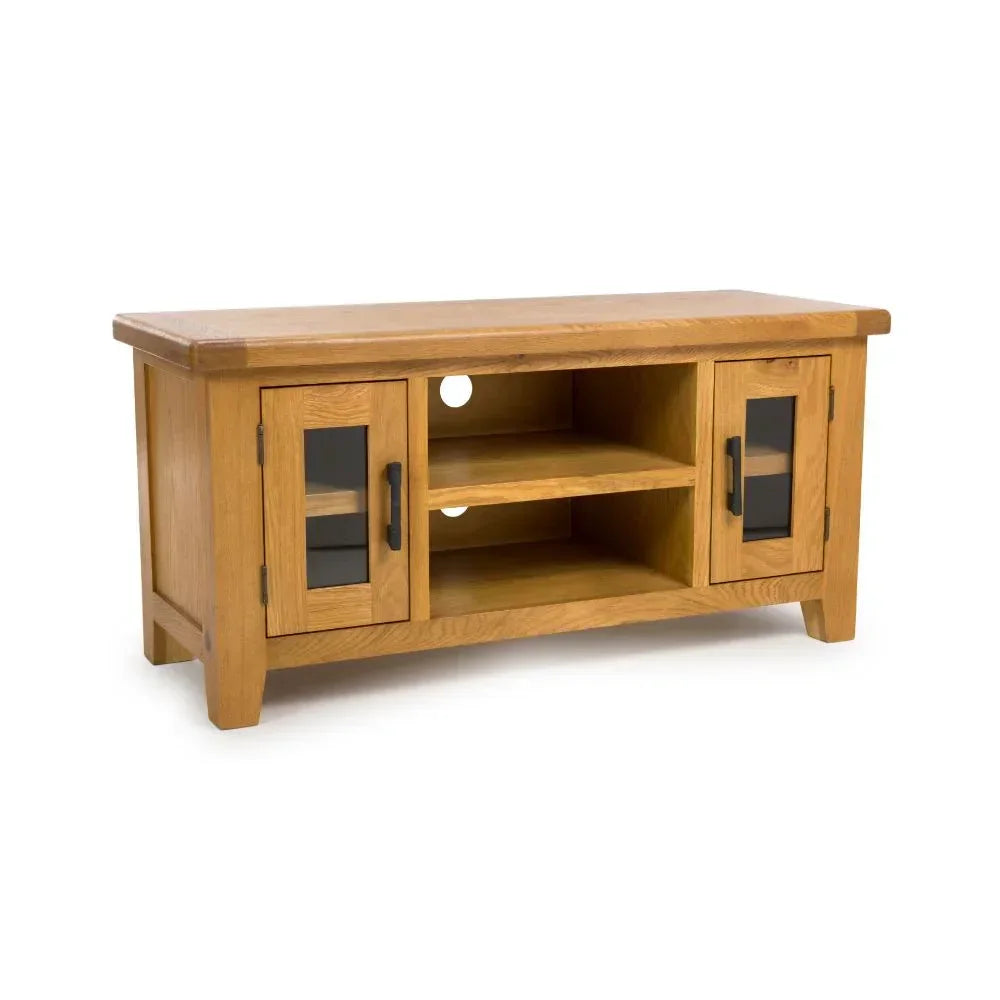 Oak TV unit with glass door cabinets and open shelves, front angle view