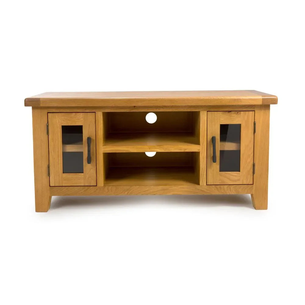 Oak TV unit with two glass door cabinets and open shelves, cable holes at the back