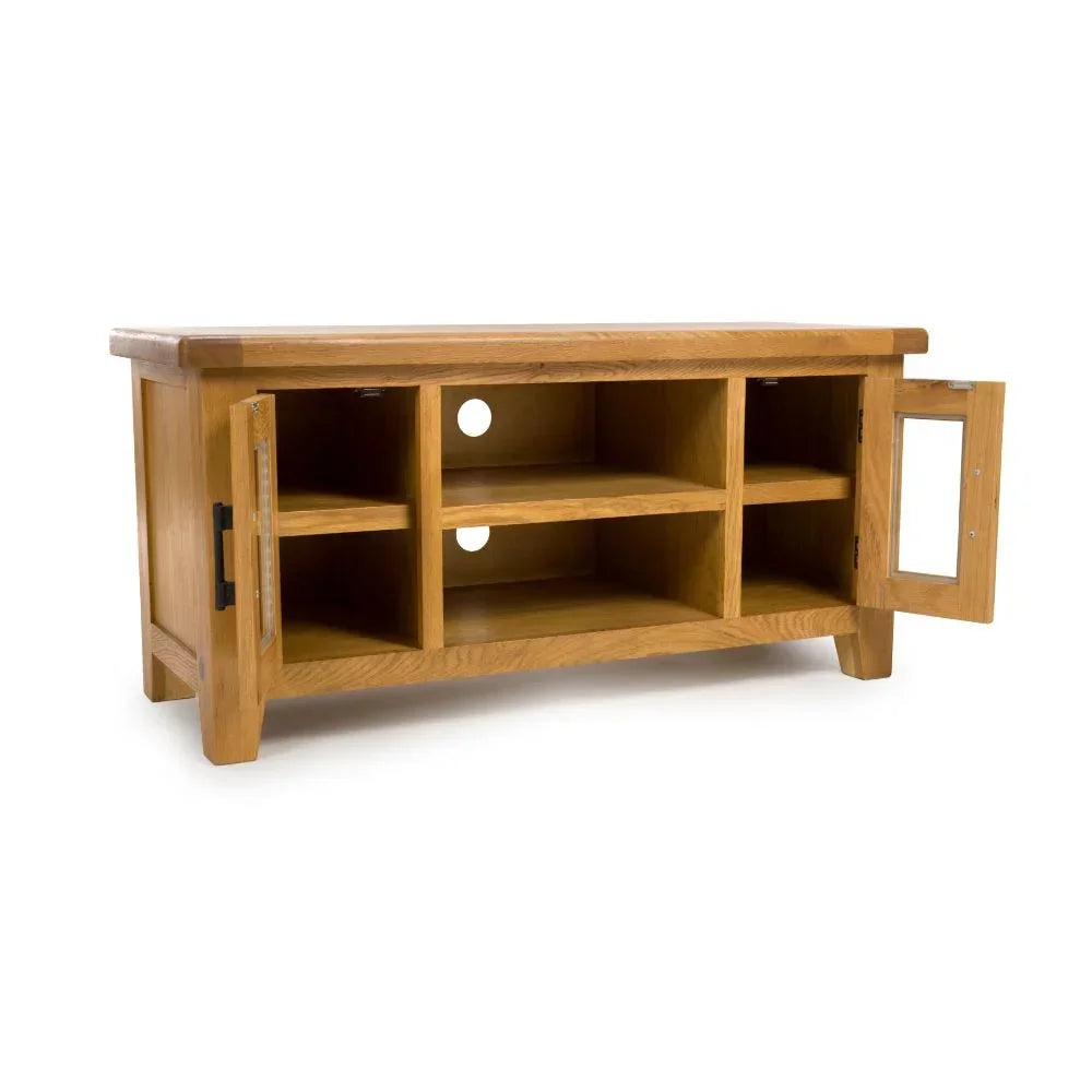 Oak TV unit with open shelves, two glass doors and cable management holes
