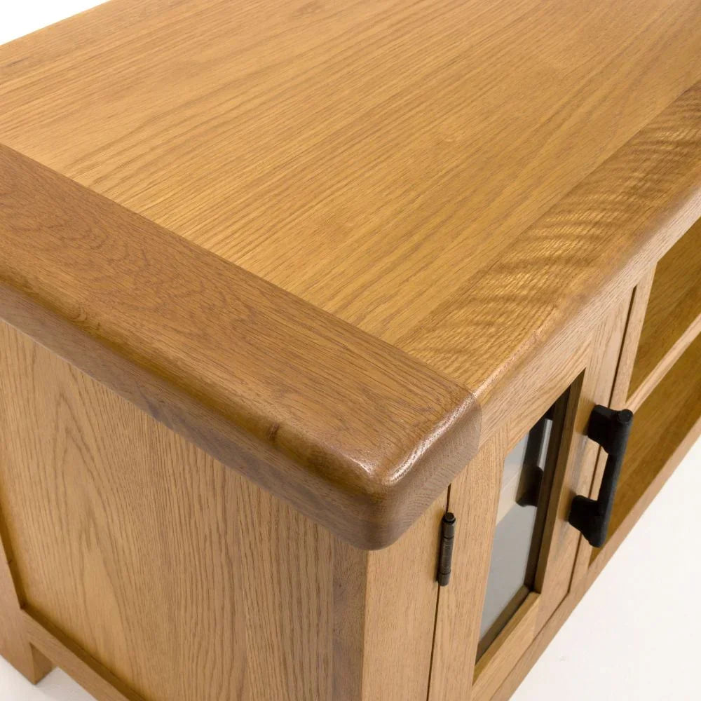 Solid oak sideboard corner with glass door and black handles