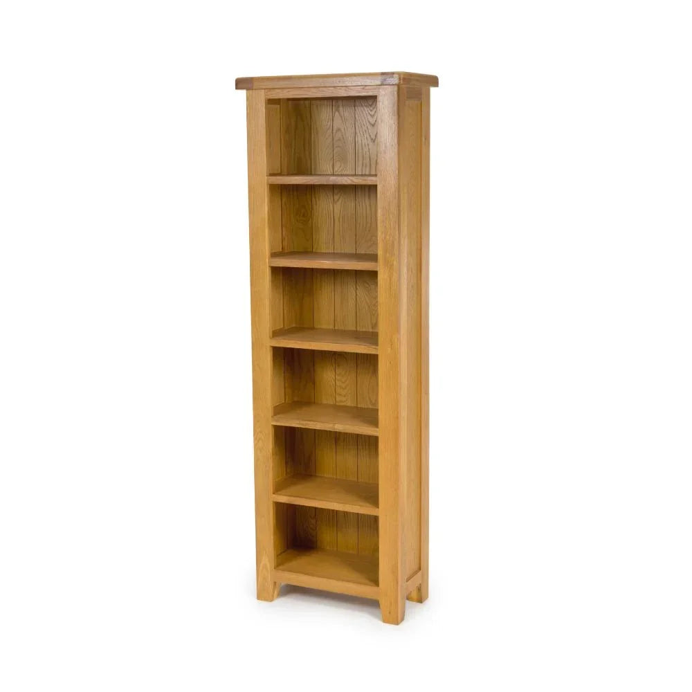 Tall oak bookshelf with six open shelves and natural wood grain finish