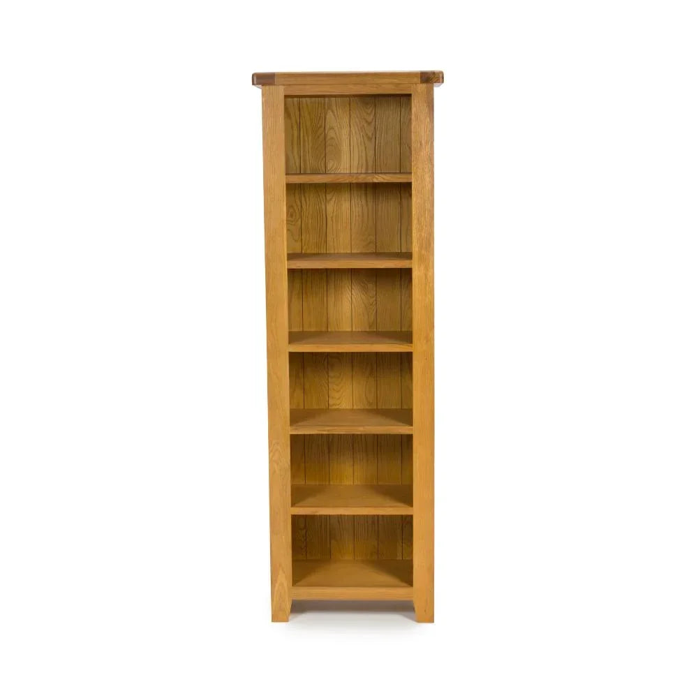 Tall oak bookcase with six shelves and wood grain finish, front view on white background