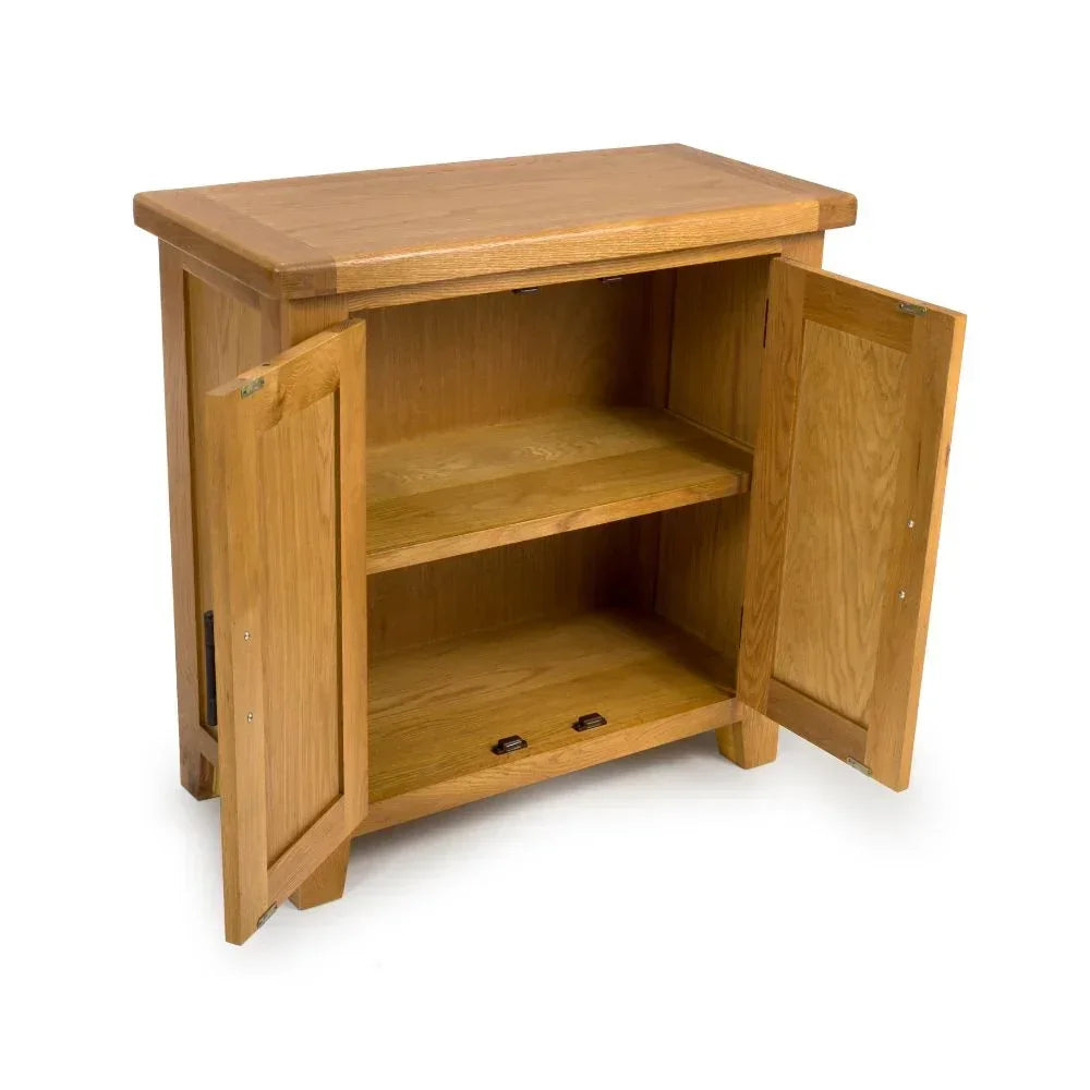 Oak storage cabinet with two open doors and interior shelf, natural wood finish