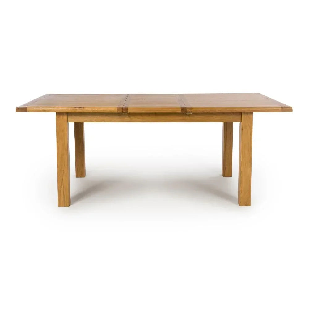 Rectangular oak dining table with sturdy legs and natural wood grain finish, front view