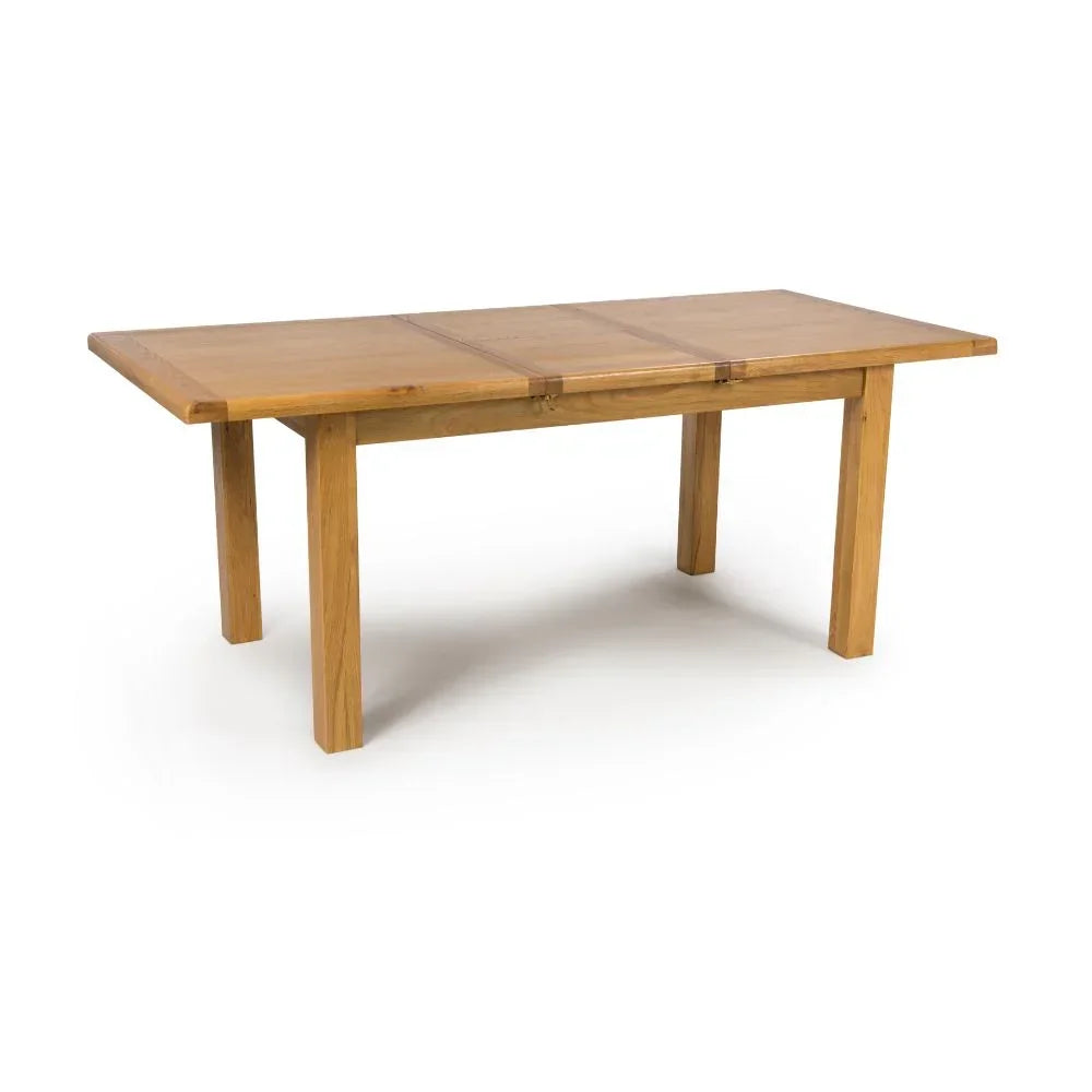 Rectangular oak dining table with clean lines and sturdy wooden legs on white background