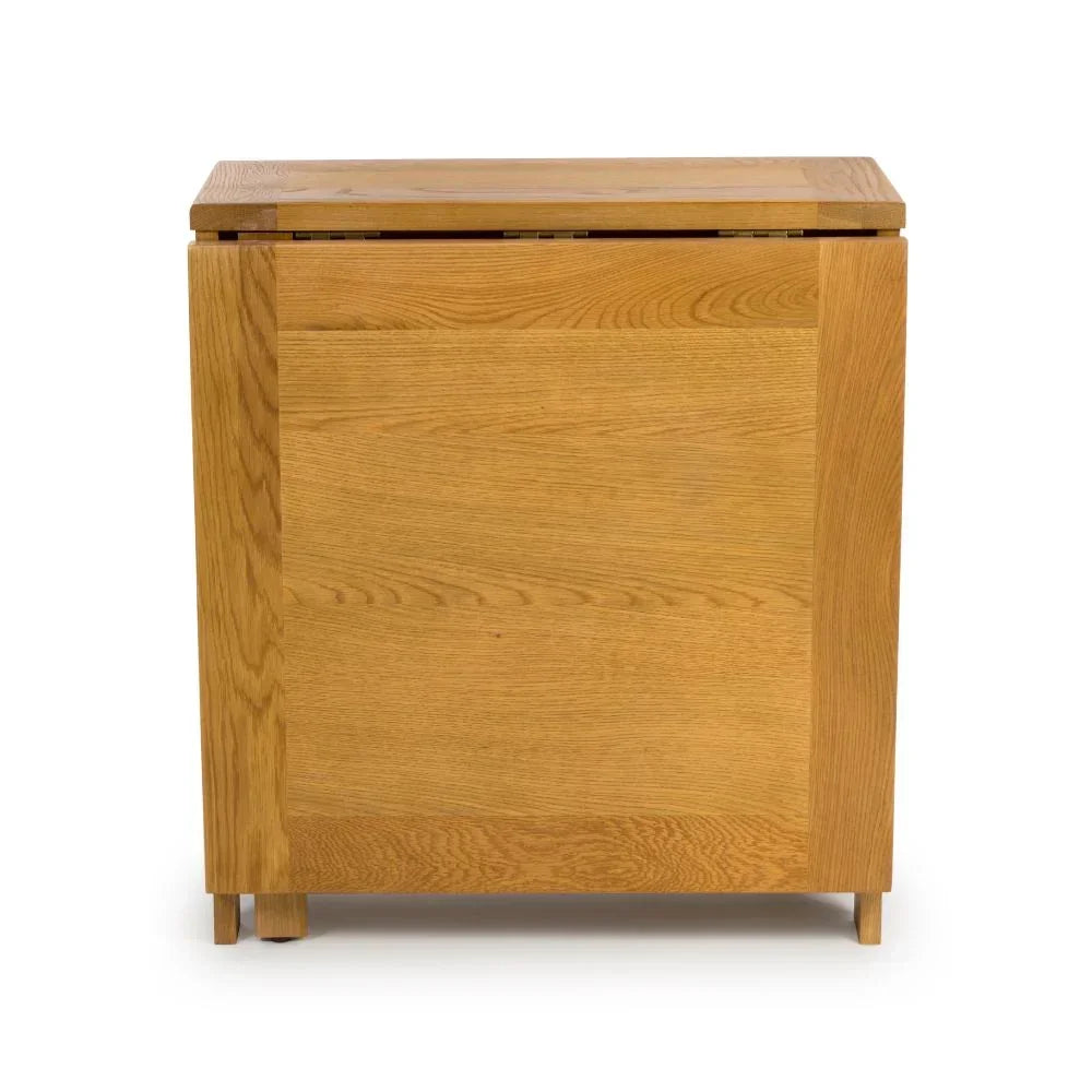 Oak storage cabinet with smooth wooden finish and flat top, shown from front view
