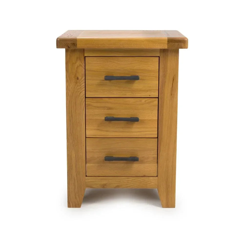 Oak bedside table with three drawers and black metal handles, front view