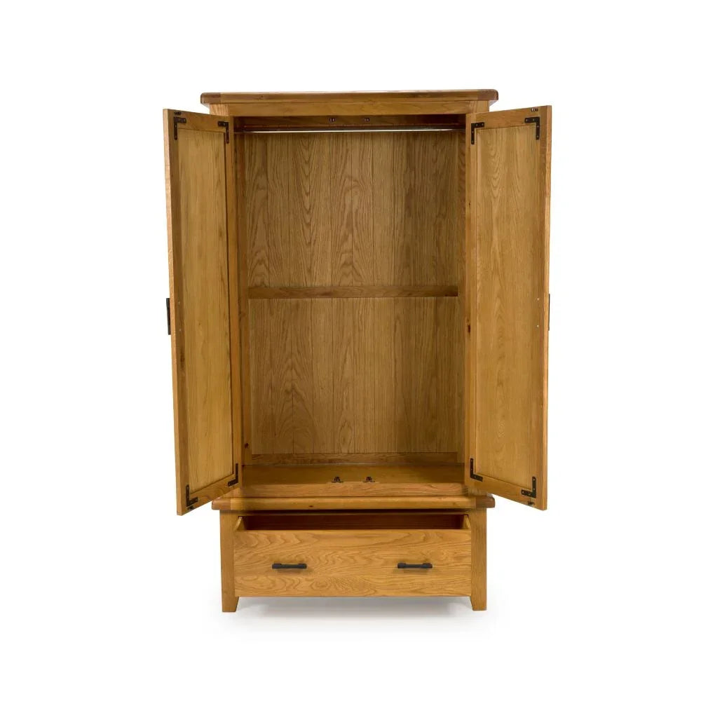 Oak wardrobe with open double doors and lower storage drawer, front view