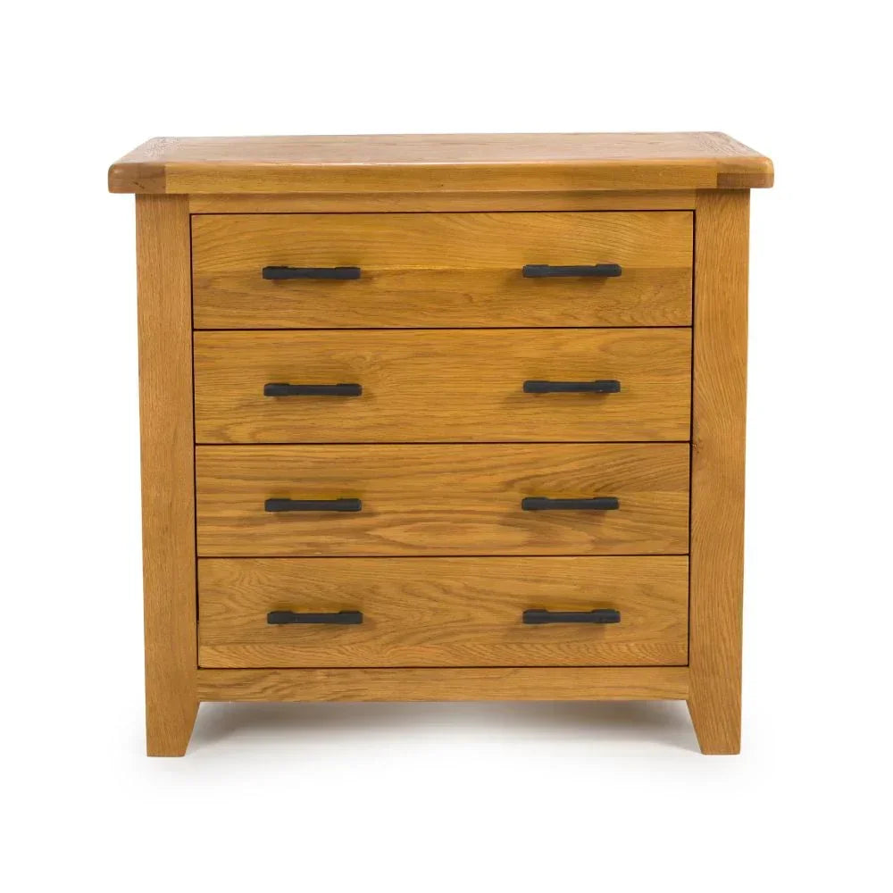 Solid oak chest of drawers with four drawers and black metal handles, front view