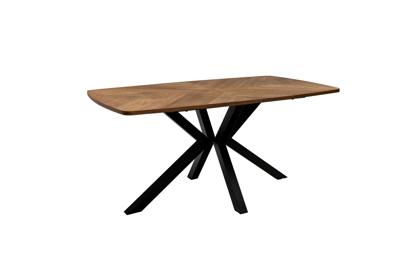 Rectangular oak dining table with black metal crossed legs on white background