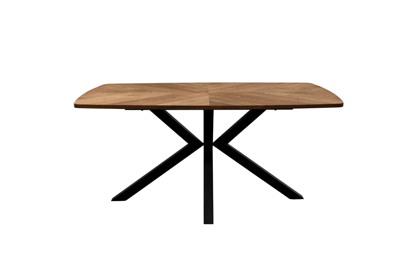 Rectangular wooden dining table with black metal cross legs, front view