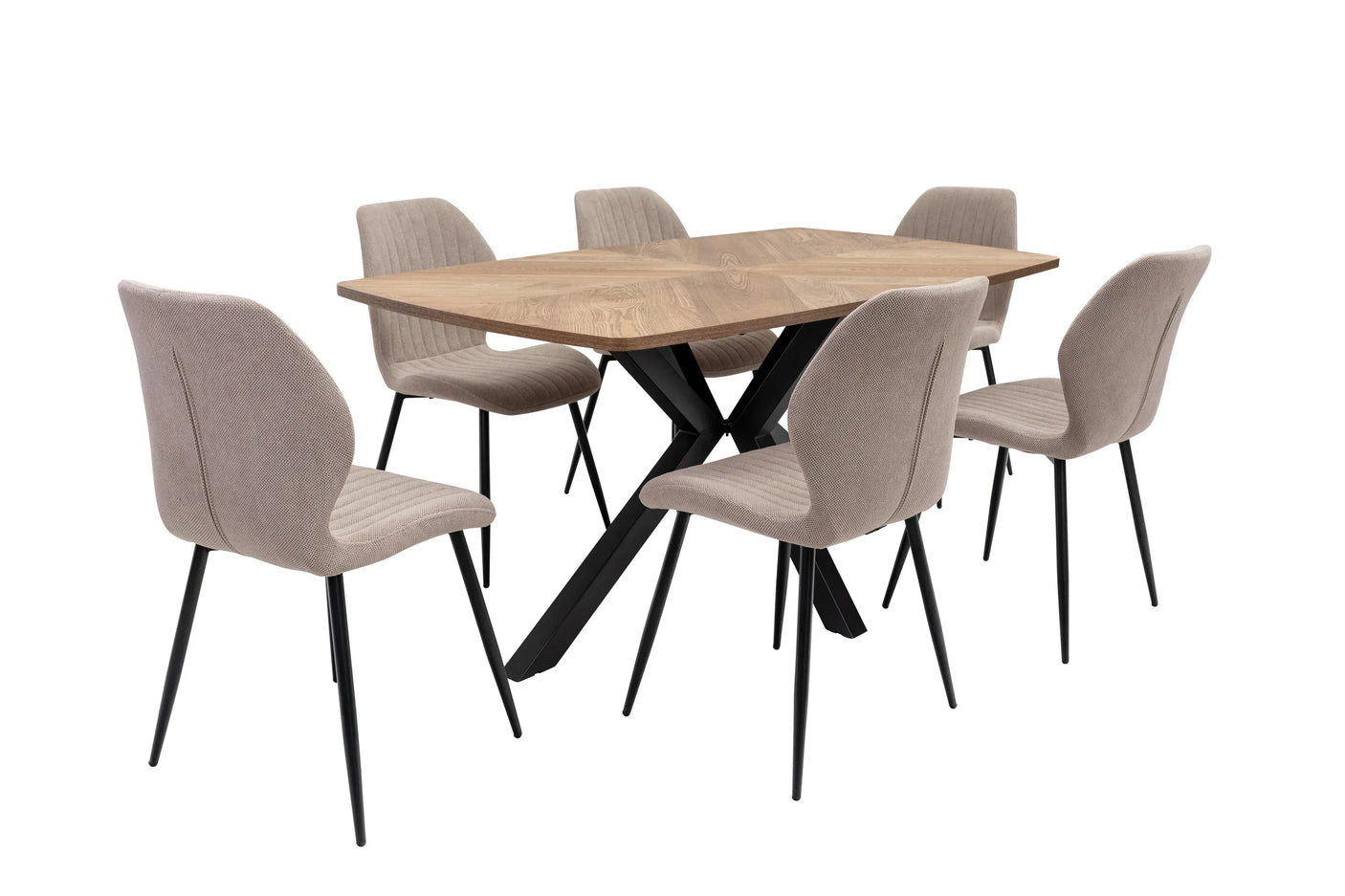 Wooden dining table with six beige fabric chairs and black metal legs