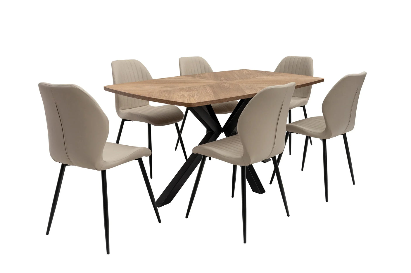 Rectangular oak dining table set with six beige upholstered chairs and black metal legs