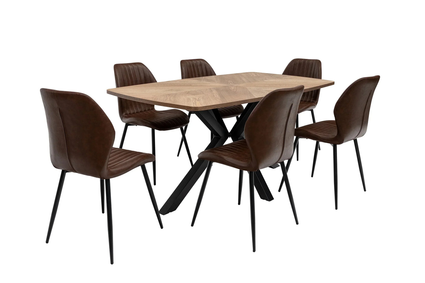 Rectangular dining table with wood top and six brown faux leather chairs, black metal legs
