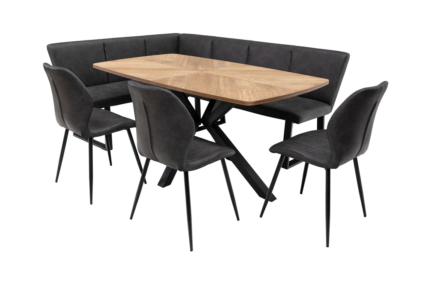 Dining table set with light wood top, black metal base, corner bench and three dark chairs
