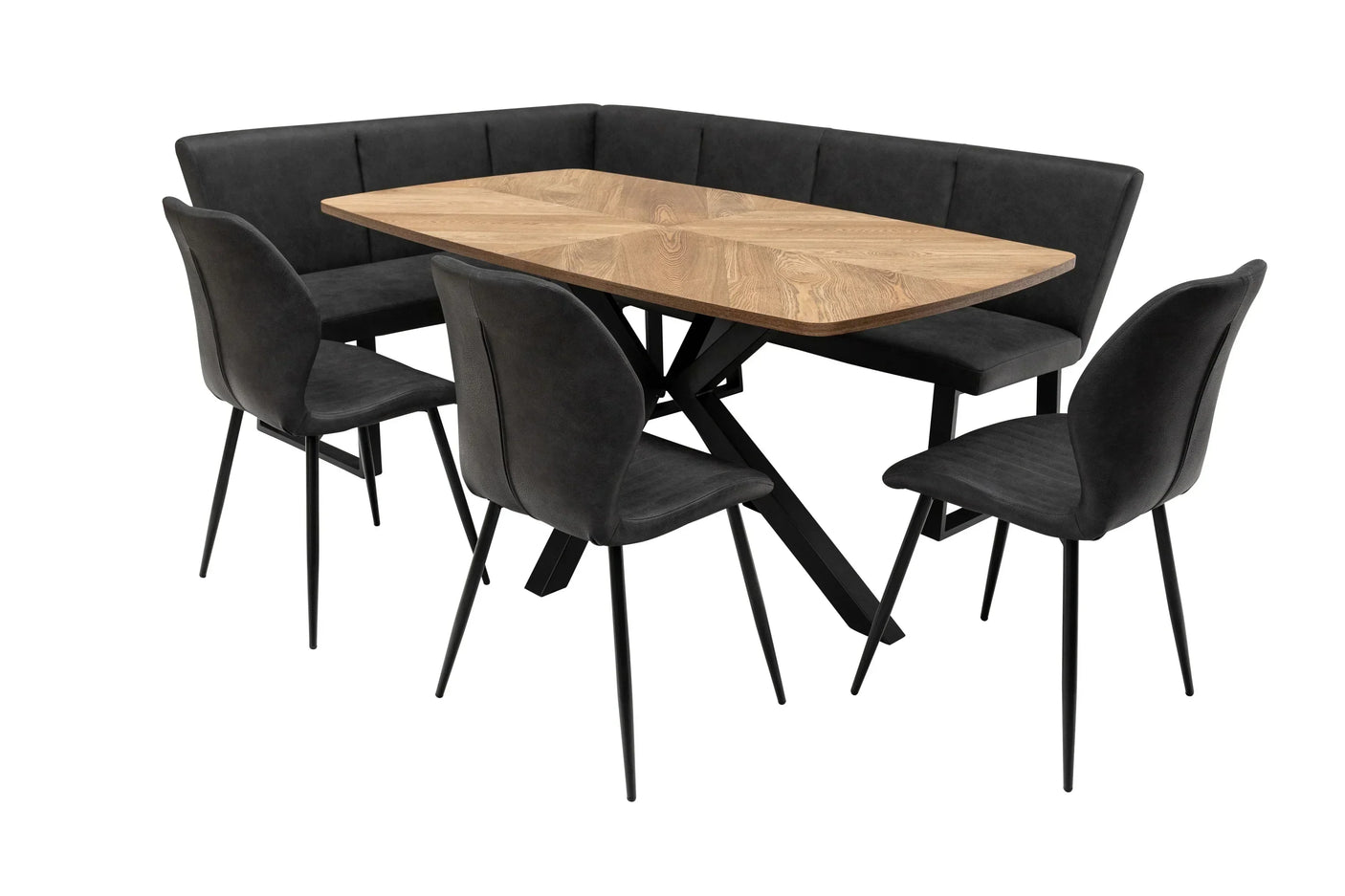 Corner dining set with oak table, black cushioned chairs and bench, metal legs
