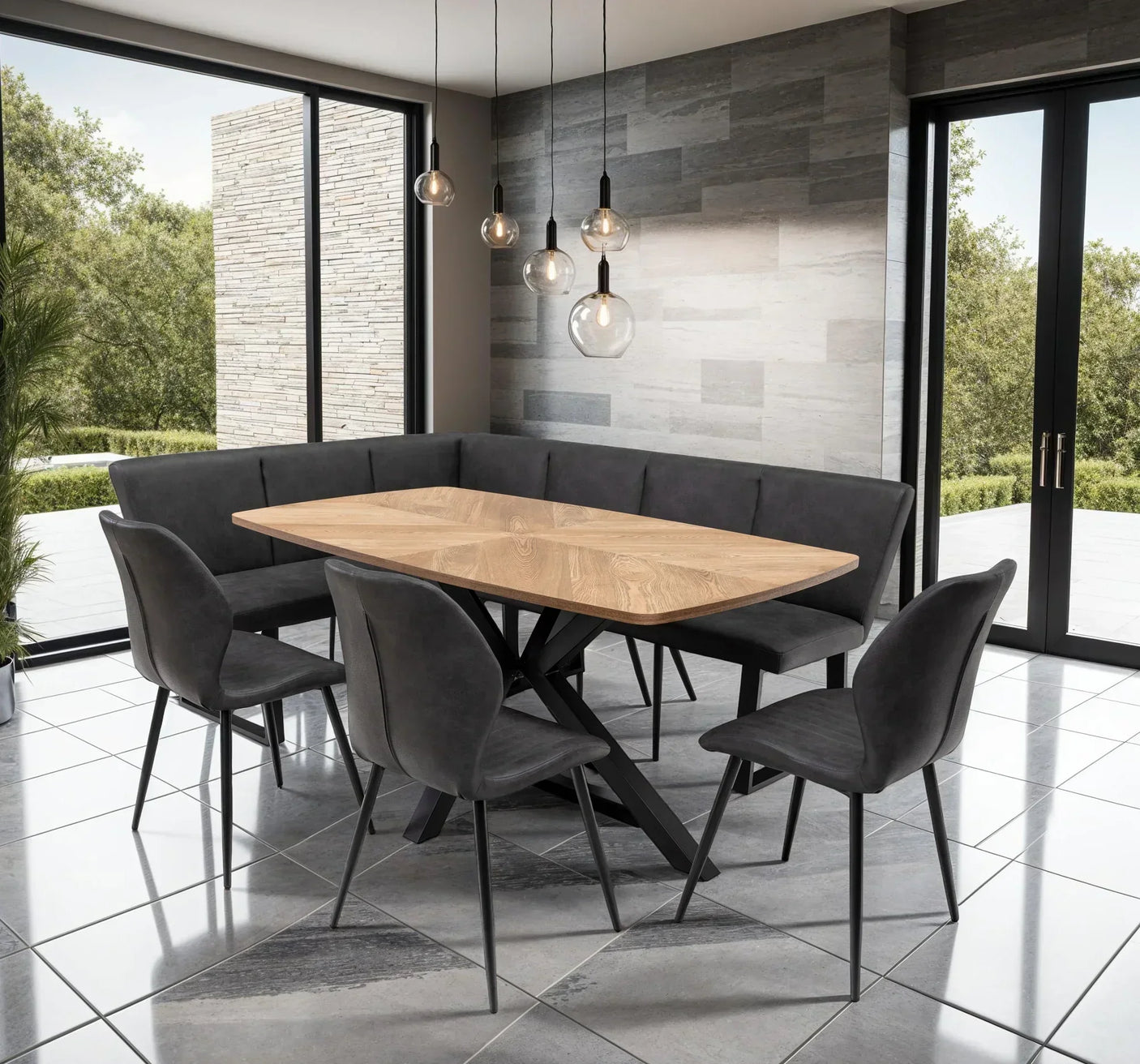 Modern dining set with oak table, corner bench and black chairs in bright tiled room