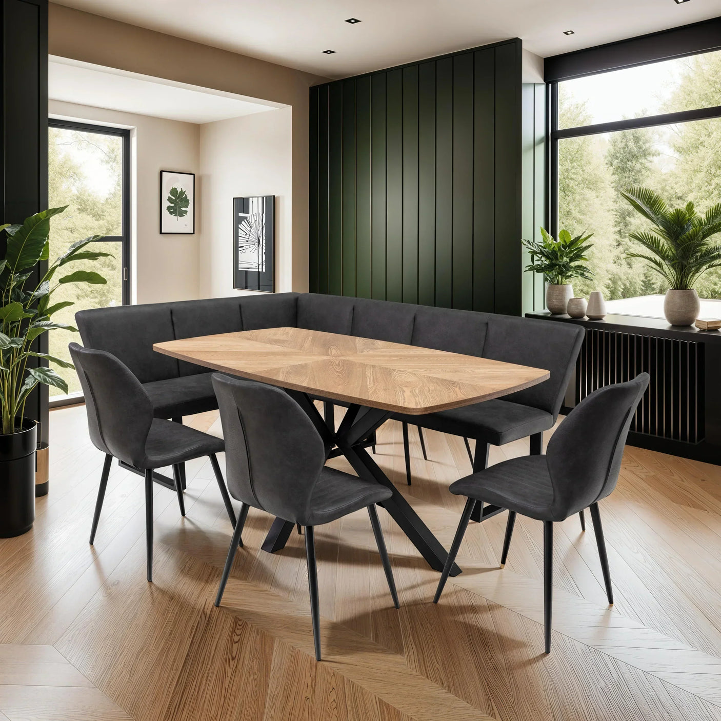 Oak dining table with black corner bench and chairs in modern dining room
