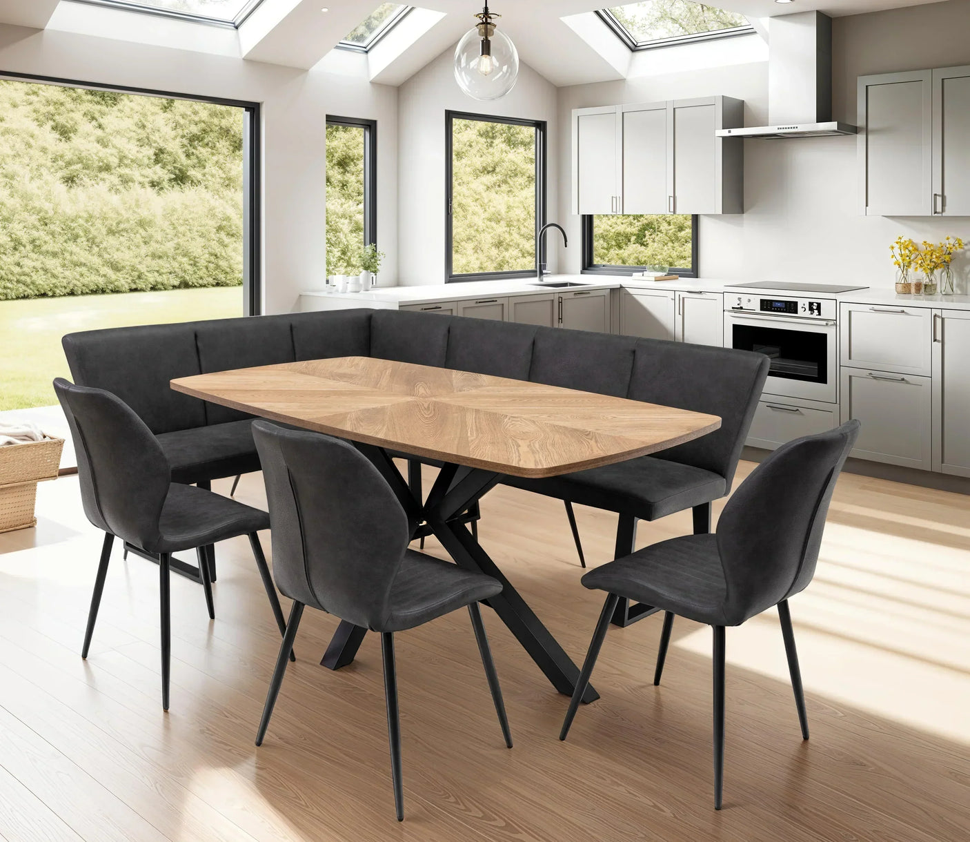 Oak dining table set with black metal legs, grey corner bench, and chairs in modern kitchen