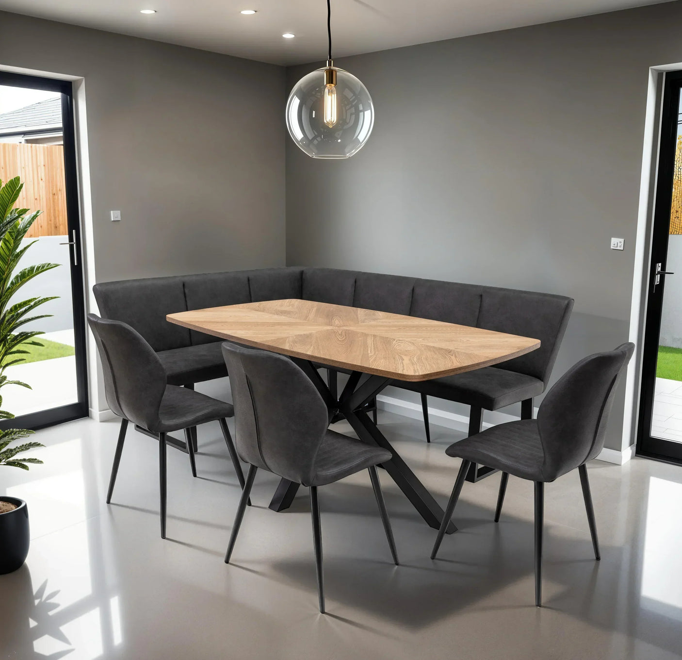 Modern corner dining set with grey velvet bench, matching chairs and oak effect table