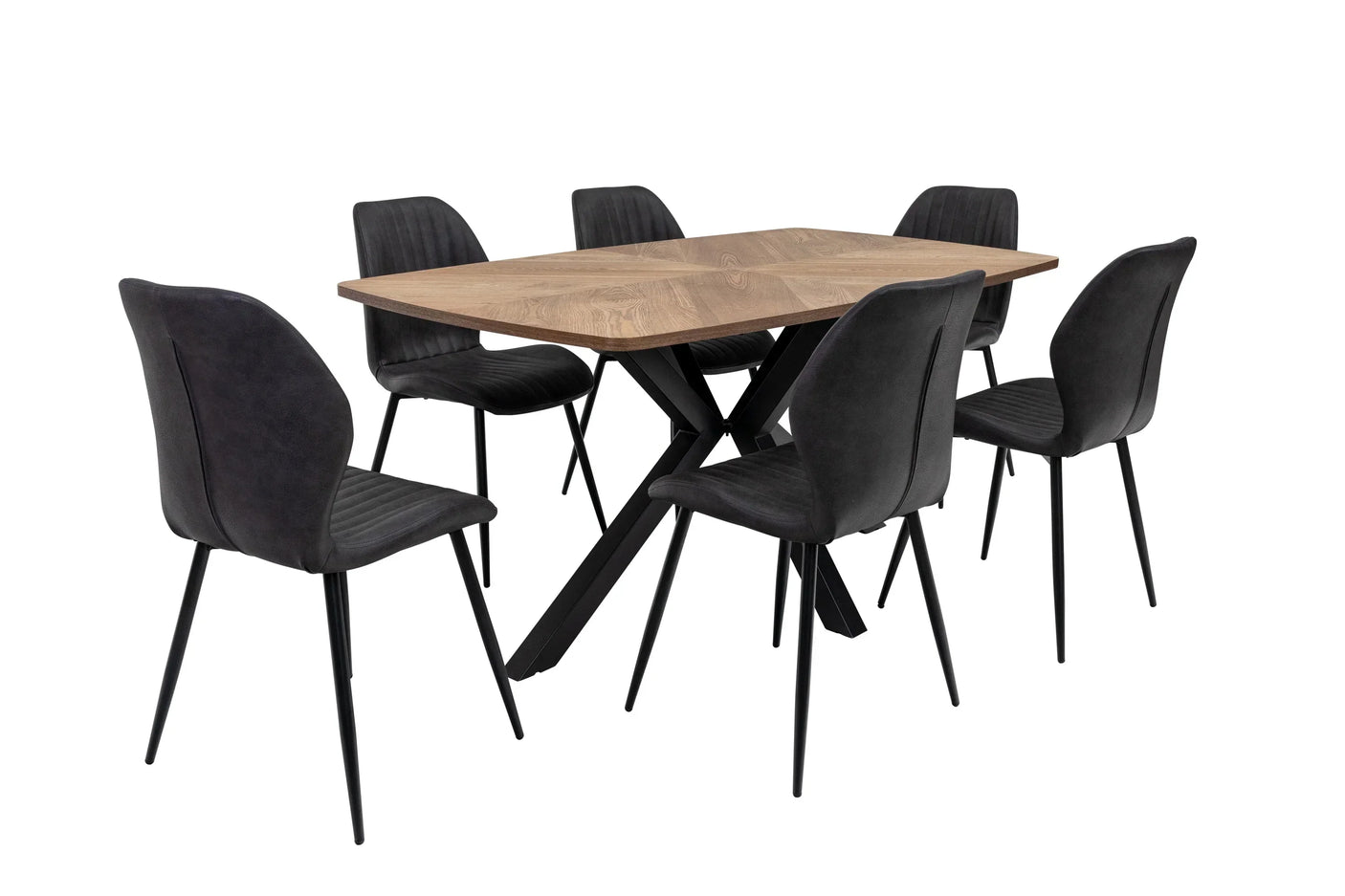 Rectangular wood dining table with black metal legs and six black upholstered chairs