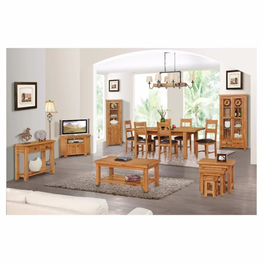 Oak dining table set with matching chairs, coffee table, cabinets and side tables in living room
