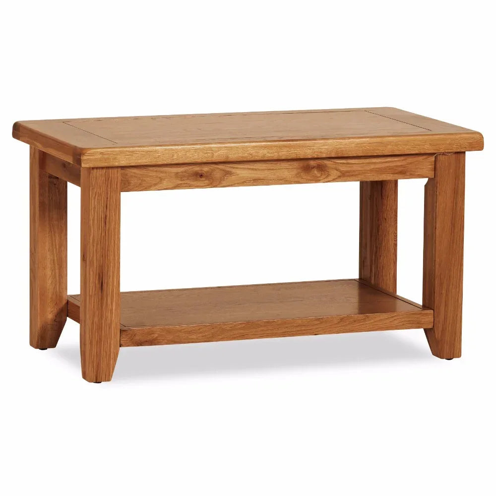 Rectangular oak coffee table with lower shelf and smooth wood grain finish