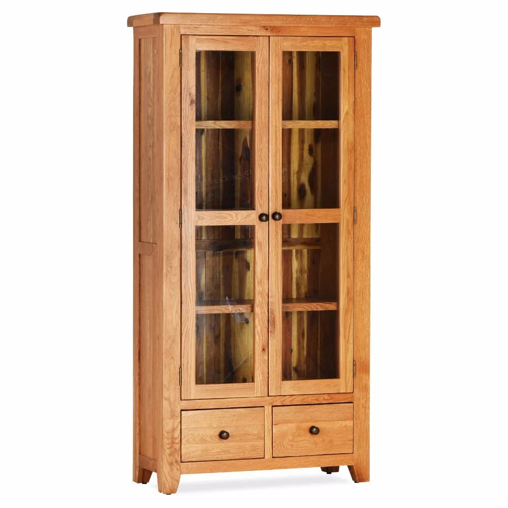 Oak display cabinet with glass doors and two lower storage drawers