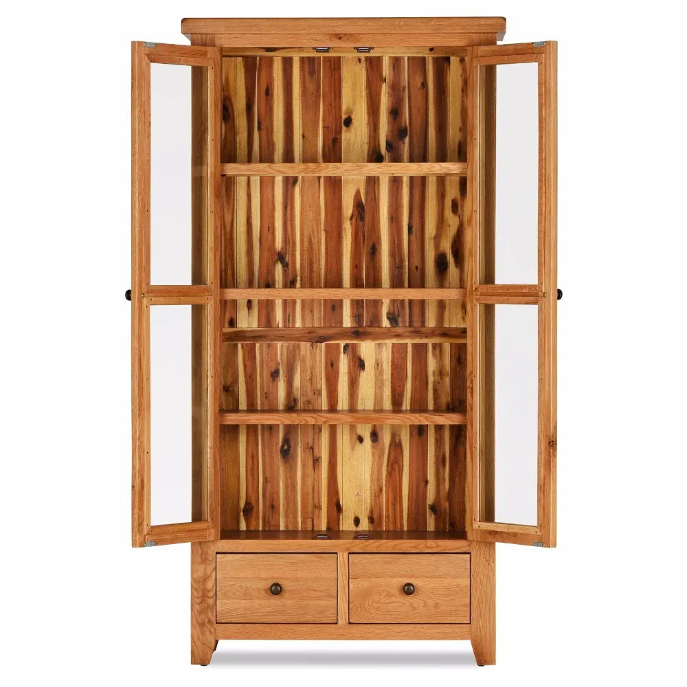 Wooden display cabinet with glass doors, three shelves and two lower drawers