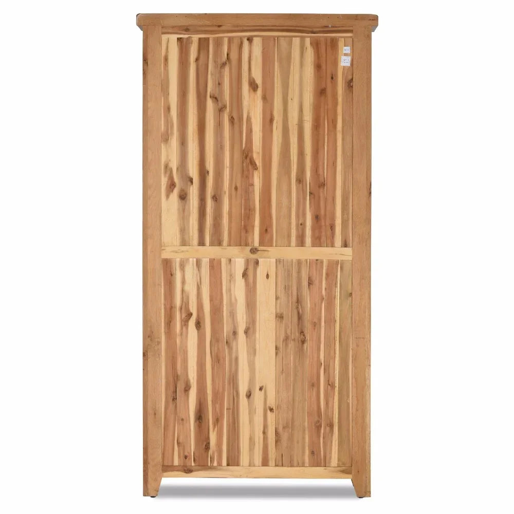 Tall wooden wardrobe with natural finish and vertical panel detailing shown front view