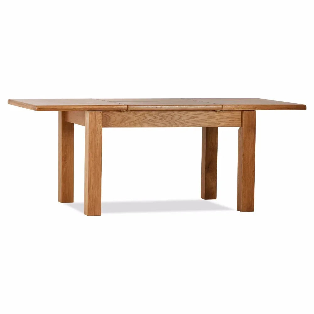 Rectangular oak extending dining table with straight legs and wood grain finish