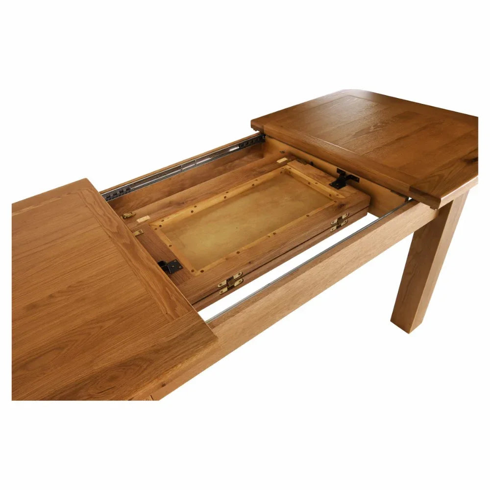 Oak extendable dining table with slide-out extension mechanism partially open